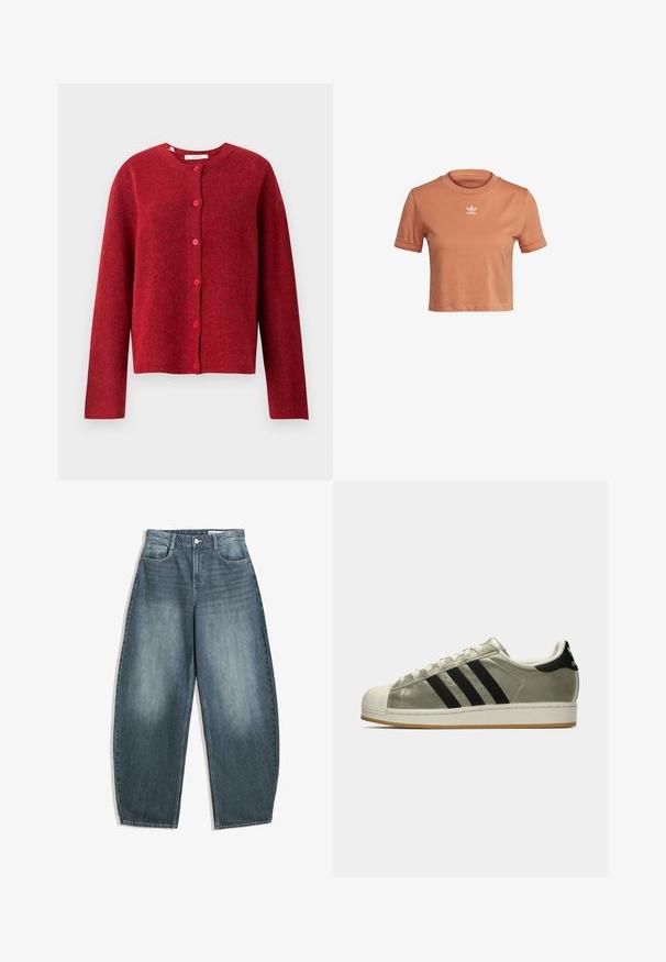 Selected Femme SLFLULU NEW NOOS - Cardigan - equestrian red; adidas Originals TOP ADICOLOR ORIGINALS REGULAR T-SHIRT - Tricou cu imprimeu - hazy copper; Jeans din denim albastru deschis, cu picioare largi, caracterizate printr-un talie înaltă, cinci buzunare, decolorare subtilă și detalii de cusătură de-a lungul cusăturilor.; Adidași cu un număr metalic de măsline, trei dungi negre, vârf din cauciuc și talpă din gumă. Design clasic cu țesătură texturată.