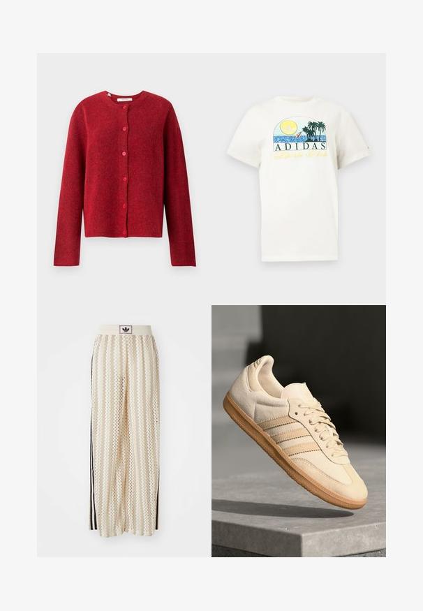 Selected Femme SLFLULU NEW NOOS - Casaco de malha - equestrian red; T-shirt de algodão branco com um design gráfico apresentando um sol, palmeiras e água. "ADIDAS Sports Club" impresso em verde e amarelo.; Calças largas de cor creme com um padrão em zigzag, apresentando uma cintura com logotipo preto e riscas laterais pretas. Tecido leve e texturizado.; Sapatilha de camurça bege clara com sola de borracha, três riscas diagonais e uma biqueira texturizada. Apresenta o logótipo na língua e na lateral.