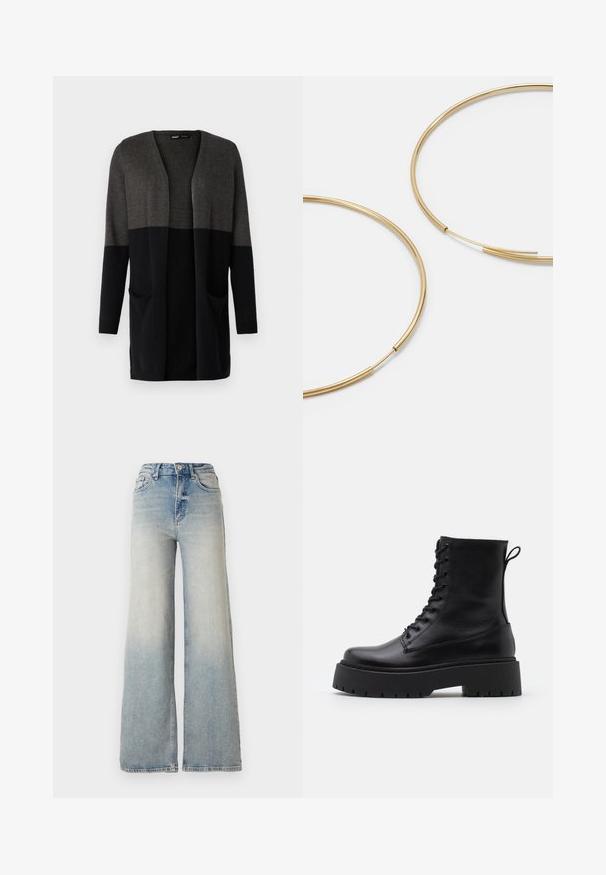 ONLY Tall ONLQUEEN - Kardiganas - dark grey/black; Juodas ilgomis rankovėmis megztinis, pagamintas iš lygaus audinio, su apvaliomis iškirptėmis ir raukiniais pečių ir rankogalių srityse.; Šviesiai mėlynus plačius džinsus, pagamintus iš džinsinio audinio, su aukštu liemeniu, penkiomis kišenėmis ir matomais siūlėmis.; Juodos odinės aulinukės su apvalia nosimi, raišteliais priekyje ir storesniu guminio pado apačioje su tekstūruotu raštu. Priekyje yra kilputė.; Aukso spalvos žiedo auskarai, ploni ir apvalūs, su lygiu metaliniu paviršiumi be papuošimų ar raštų.