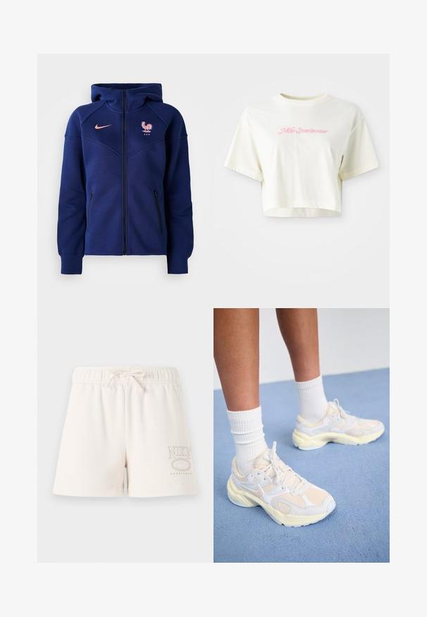 Mornarsko plava zip-up dukserica izrađena od mekog materijala, s kengur višim dzepom, francuskim nogometnim grbom i Nike logom u koraljnoj boji.; Skraćena, krem boje majica od pamuka. Ima ružičasti izvezeni logo s natpisom "Nike Sportwear." Kratki rukavi i okrugli izrez.; Svijetlosmeđi pamučni šorts sa elastičnim pojasom, podesivim vezicom i tiskanim "NIKE SPORTSWEAR" logotipom u svijetlosmeđoj boji sa strane.; Elegantne atletske cipele u svijetložutoj i bijeloj boji, s mrežastim i sintetičkim materijalima, zaobljenim oblikom i teksturiranim potplatima.