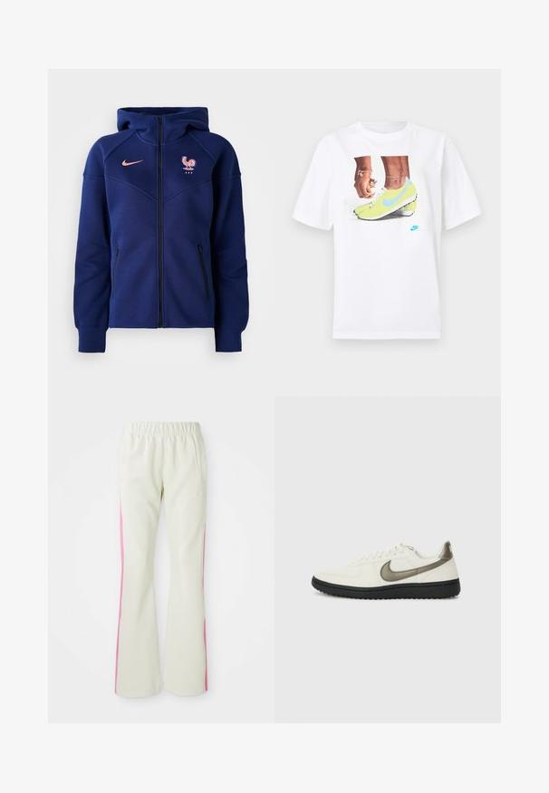 Marineblå hettejakke med glidelås laget av mykt stoff, har kengurulomme, fransk fotballmerke og Nike-logo i korall.; Hvit bomull t-skjorte med et grafisk motiv av føtter i gule Nike fotballsko med blå detaljer, kombinert med et armbånd på venstre håndledd.; Lys beige bukser med elastisk linning, med rosa sidepaneler og sidelommer. Glatt tekstur med rett ben-design.; Nike Sportswear FIELD GENERAL - Joggesko - off-white/black