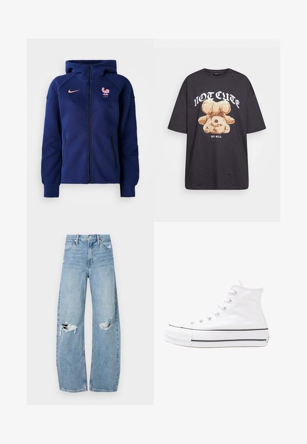 Tumši zila kapucīna džempera jaka ar rāvējslēdzēju, izgatavota no mīksta auduma, ar kangaru kabatu, Francijas futbola emblēmu un Nike logo korallkrāsā.; Melna, pārmērīga t-kreklu, kurā attēlots lācis ar uzrakstu "NAV MIERĪGS, BET VILKIS" treknos baltos burtiem. Izgatavots no kokvilnas materiāla.; Gaiši zili, augstās vidukļa džinsi, kas izgatavoti no denima. Iespējas plašas kājas, divas plēstas ceļa daļas un klasiskā piecu kabatu dizains.; Balti augstie kanvas sporta apavi ar melnu gumijas zoli, priekšējo gumijas purngalu un sešām acīm lencēm, kuriem ir tīrs, minimālistisks dizains.