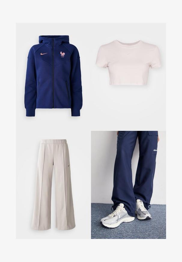 Tamsiai mėlynas zip-up džemperis, pagamintas iš minkštos medžiagos, turi kengūros kišenę, Prancūzijos futbolo emblema ir Nike logotipas koralų spalva.; Šviesiai rožinė trumpa marškinė, pagaminta iš minkštos medžiagos. Turi apvalų kaklą ir trumpas rankoves, su mažu baltu Nike logotipu ant krūtinės.; Šviesiai pilki plačių kojų kelnės, pagamintos iš lygaus audinio. Turi elastingą juosmenį ir juodą Nike logotipą kairėje pusėje.; Nike sportiniai batai su sidabro spalvos tinklu, baltais akcentais ir tekstūruotais pado, derinami su laisvais tamsiai mėlynais kelnais.