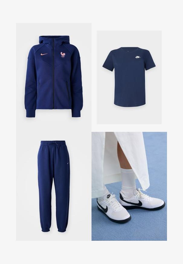 Sudadera con cremallera de color azul marino, hecha de tejido suave, cuenta con un bolsillo tipo canguro, el escudo del fútbol francés y el logo de Nike en color coral.; Camiseta de algodón azul marino con cuello redondo, mangas cortas y un logo blanco de Nike en el lado izquierdo del pecho. Textura suave, diseño sencillo.; Pantalones de chándal azul marino hechos de una tela suave, que cuentan con una cintura elástica con cordón, puños elásticos y un pequeño logo blanco.; Zapatillas Nike blancas con acentos negros, que presentan un upper de cuero suave, cordones blancos y suelas de goma resistentes, combinadas con calcetines blancos acanalados.