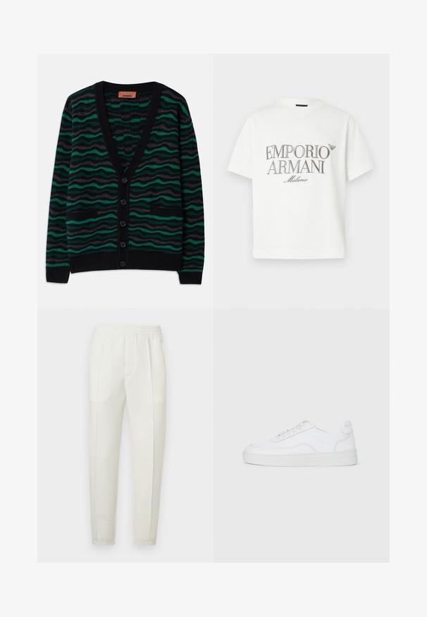 Green and black cardigan with wave pattern, featuring a V-neck, five buttons, and two front pockets. Made of soft, textured material.; White cotton t-shirt featuring a large grey "Emporio Armani Milano" logo on the front and a small logo on the upper left side.; White slim-fit pants with an elastic waistband, featuring two side pockets and a smooth, slightly shiny texture.; White low-top sneaker with lace-up front, smooth upper, and rubber sole on plain light background.