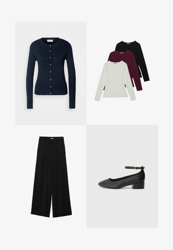 Mornarsko plavi pleteni kardigan s dugim rukavima, rebrastim manžetama i prednjim kopčanjem na dugmad s malim zlatnim dugmadi.; Majice s dugim rukavima u bijeloj, burgundijskoj i crnoj boji. Izrađene od mekog materijala, s okruglim izrezom i prilagođenim krojem. Pogodne za slojevito odijevanje.; Crne široke hlače od teksturirane tkanine, s elastičnom pojasom i odvojivim remenom na struku za prilagodivo pristajanje.; Crne kožne pumpe s oštrim vrhom i niskom blok petom. Sadrže remen oko gležnja s zlatnim kopčanjem. Glatka tekstura.