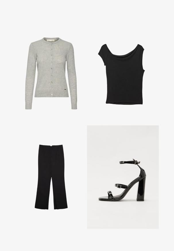 Svetlo sivi kardigan narejen iz teksturirane tkanine, z okroglo ovratnico, dolgimi rokavi in gumbnim zapiranjem z gumbi različnih barv.; Črna kratka majica s kratkimi rokavi iz gladkega blaga; ima drapiran izrez in asimetrično spodnjo rob, s prilegnjenim telesom.; Črne hlače ravnega kroja z naglavnimi žepi in stranskimi razporki na robu. Narejene iz mehke, gladke tkanine. Primerne za različne priložnosti.; Črne lakirane sandale s peto, kvadratnim prstom, trakovi okrog gležnja in srebrnimi zaponkami. Opremljene so s stabilno Debelo peto.