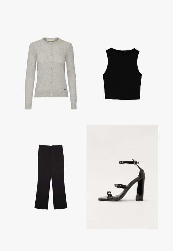 Vaaleanharmaa neulecardigan, joka on valmistettu teksturoidusta kankaasta. Siinä on pyöreä pääntie, täyspitkät hihat ja nappikiinnitys, jossa on erivärisiä nappeja.; Musta hihaton crop-top, joka on valmistettu sileästä kankaasta, jossa on pyöreä kaula-aukko ja siisti, yksinkertainen muotoilu ilman kuvioita tai varusteita.; Mustat housut suoralinjaisella leikkauksella, joissa on etutaskut ja sivurei'ät helman alla. Valmistettu pehmeästä ja sileästä kankaasta. Sopii eri tilaisuuksiin.; Musta kiiltävä korkokenkä sandaalit neliönmuotoisella varpaalla, nilkkaremmillä ja hopeisilla soljilla. Varustettu tukevalla lohkokorkealla vakauden takaamiseksi.