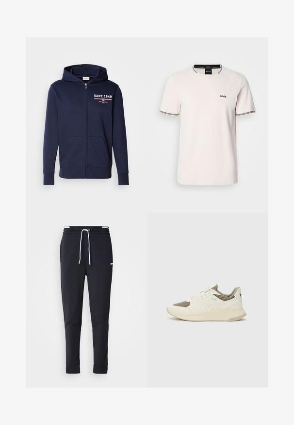 Dunkelblaue Zip-Upgrade-Jacke aus weichem Stoff mit dem Logo "GANT 1949" in Weiß und Rot. Enthält Fronttaschen und eine Kapuze mit Kordelzug.; Helles rosa T-Shirt aus Baumwolle. Rundhalsausschnitt mit kontrastierendem schwarzen Rippenbesatz. Kleines schwarzes "BOSS"-Logo auf der Brust. Kurze Ärmel.; Schwarze Slim-Fit-Jogginghose mit weißem Kordelzug, elastischem Bund mit weißen Streifen und kleinem weißen Logo am oberen Oberschenkel.; Weiße und hellbeige Sport Sneakers, ausgestattet mit einem Obermaterial aus Netzgewebe, perforierten Details und einer strukturierten Zwischensohle mit Branding an der Ferse.