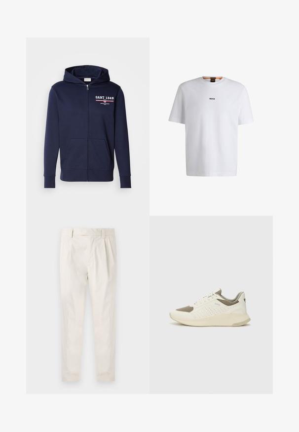 Tamsiai mėlyna zip-up gobtuvė, pagaminta iš minkštos medžiagos, su logotipu "GANT 1949" baltos ir raudonos spalvų. Įeina priekiniai kišeniai ir šnervinės gobtuvo virvutė.; Balta medvilninė marškinėliai trumpomis rankovėmis, su juodu "BOSS" logotipu, centruotu ant krūtinės, ir apvaliu kaklo dizainu.; Balti, susiūtos kelnes, turinčios pritaikytą siluetą, pasižyminčias lygia tekstūra, dirželio kilpomis ir siaurėjančiomis kojomis. Nėra matomų kišenių ar raštų.; Baltas ir šviesiai bežinis sportinis kedas, su tinklo viršumi, perforuotais detalėmis ir tekstūruotu tarpine su logotipu ant kulno.