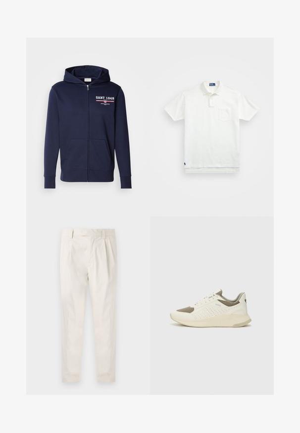Sötétkék zipzáros kapucnis pulóver, puha flekkerből készült, fehér és piros "GANT 1949" logóval. Elöl zsebekkel és húzózsinóros kapucnival rendelkezik.; Fehér pólóing, pamutból készült, klasszikus gallérral, háromgombos végigfutóval és bal oldali zsebével; kis logó a szegélyen.; Fehér, pliszírozott nadrág, testre szabott szabással, sima felülettel, övhurkokkal és karcsú lábszárral. Nincs látható zseb vagy minta.; Fehér és világos bézs sportcipő, légies hálós felsőrésszel, perforált részletekkel és texturált középtalppal, amelyen a saroknál a márka logója található.