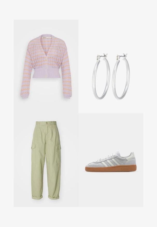 Gaiši violets adīta džemperis ar iztīrīšanas rakstu, kas rotāts ar oranžām svītrām, garām piedurknēm un īsu apakšmalu. Trīs pogas priekšpusē.; Balts ribots garām piedurknēm krekls ar apaļu kakla izgriezumu. Izgatavots no elastīga auduma, kas pieguļ ķermenim. Iezīmējas ar smalkām horizontālām līnijām.; Gaiši zaļas kravas bikses, izgatavotas no kokvilnas auduma. Tām ir augsts jostasvieta, sarullētas malas un divi sānu kravas kabatas papildu praktiskumam.; Gai pelēki zamšīgās kedas ar baltām ādas detaļām, trim baltām līnijām un brūnu gumijas zoli, ar mīkstinātu apkakli komforta nodrošināšanai.; Sudraba riņķveida auss gredzeni ar gludu, pulētu apdari. Apaļa forma un drošs klikšķa augšējais slēgums. Viegls dizains, kas piemērots ikdienas valkāšanai.