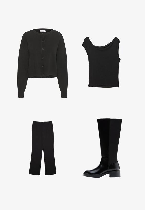 Crni skraćeni kardigan od mekanog materijala, s okruglim izrezom, dugim rukavima i sprijeda s zatvaranjem na dugmad sa šest dugmadi.; Crna majica kratkih rukava od glatkog materijala; ima drapirani izrez i asimetrični donji rub, uz prilagođeni kroj tijela.; Crne hlače ravnog kroja, s prednjim džepovima i bočnim prorezima na rubu. Izrađene od mekog i glatkog materijala. Pogodne za razne prigode.; Crne kožne čizme do koljena s sjajnim završetkom, kvadratnim vrhom, blok petom i detaljem na bočnom šavu. Imaju hendle za povlačenje straga.