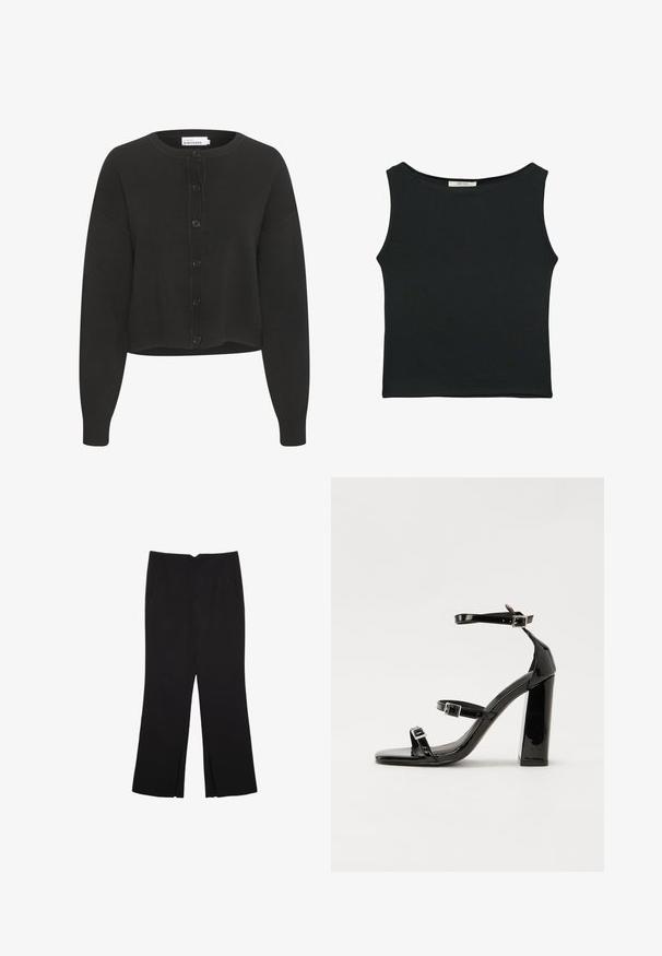 Schwarze, kurz geschnittene Strickjacke aus weichem Stoff, mit rundem Ausschnitt, langen Ärmeln und einer Vorderseite mit sechs Knöpfen.; Schwarzes ärmelloses Oberteil aus glattem Stoff, mit einem runden Ausschnitt und einer figurbetonten Passform, ohne sichtbare Muster oder Verzierungen.; Schwarze Hose mit geradem Schnitt, ausgestattet mit Fronttaschen und Seitenschlitzen am Saum. Hergestellt aus weichem, glattem Stoff. Geeignet für verschiedene Anlässe.; Schwarze patentierte Sandalen mit Absatz, quadratischer Spitze, Knöchelriemen und silbernen Schnallen. Mit einem stabilen Blockabsatz für mehr Stabilität.