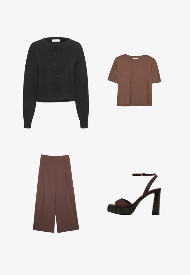 Black cropped cardigan made of soft fabric, featuring a round neck, long sleeves, and a front button closure with six buttons.; Brown short-sleeve t-shirt made of soft fabric, with a round neckline and relaxed fit. No visible patterns or accents.; Brown wide-leg trousers with a smooth texture, featuring a high waist and front pleats. The fabric is lightweight and flows loosely.; Brown suede high-heeled sandal with an open toe, adjustable ankle strap, and a striped platform sole.