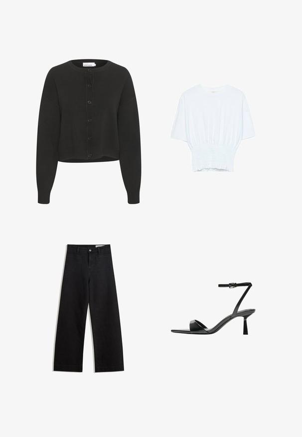 Musta lyhyt neulejara pehmeästä kankaasta, jossa on pyöreä kaula-aukko, pitkät hihat ja edessä nappikiinnitys kuudella napilla.; Valkoinen lyhythihainen t-paita, jossa on rento leikkaus ja frillattu tekstuuri vyötäröllä. Valmistettu pehmeästä, kevyestä kankaasta.; Mustat leveät farkut korkealla vyötäröllä, joissa on etu- ja takataskut, ommellut saumat ja nappisuljenta. Silkinoinen rakenne.; Bershka Korolliset sandaalit - black