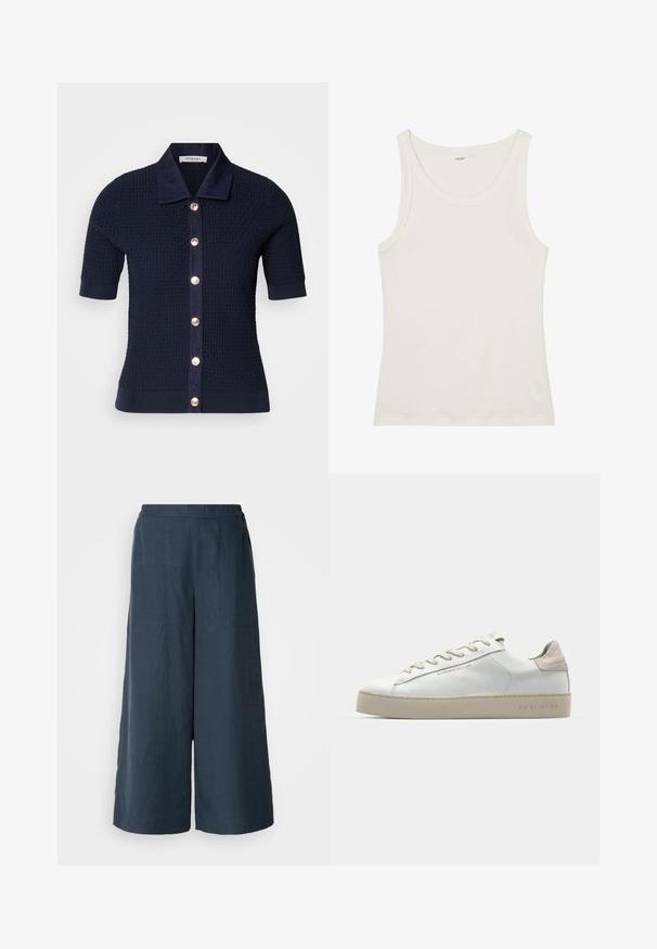 Jūras spēku īsā piedurkne adīta blūze ar teksturētu rakstu, kontrastējošu apkakli un sešiem zelta toņu pogām priekšpusē.; Balta kokvilnas topiņa ar platu kakla izgriezumu un plānām plecu lencēm. Gluda tekstūra bez redzamām apdrukām vai rotājumiem.; Platās bikses tumši zilā krāsā, izgatavotas no viegla auduma. Iespējo nedaudz teksturēta virsma, elastīga jostasvieta un priekšējās šuves.; Baltas ādas sporta apavi ar gludu virsmu, bēšas zamša akcenti, apaļa pirksta forma, plakans šņorēšanas dizains un tekstūrota gumijas zole.