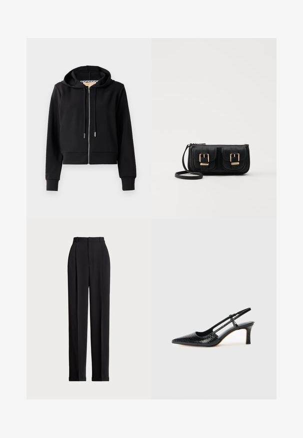 Sort cropped hoodie lavet af blødt stof, med en frontlynlås, snor i hætten og ribbede manchetter. Glat tekstur med minimal dekoration.; Sort bomulds T-shirt med korte ærmer, rund hals og et lille hvidt logo i nederste venstre hjørne. Klassisk, boxy pasform med minimal detaljering.; Sorte skrædderbukser med høj talje, der har folder fortil, en lige benlængde og ombukket kant. Lavet af glat stof.; Sorte patent slingback hæl med spids tå, prydet med tekstureret slangeskindsmønster, justerbar rem og en kort, tekstureret blokhæl.; Sort læder crossbody taske med to frontlommer, guldspænder, lynlåslukning og en slank rem. Struktureret overflade og kompakt rektangulær form.