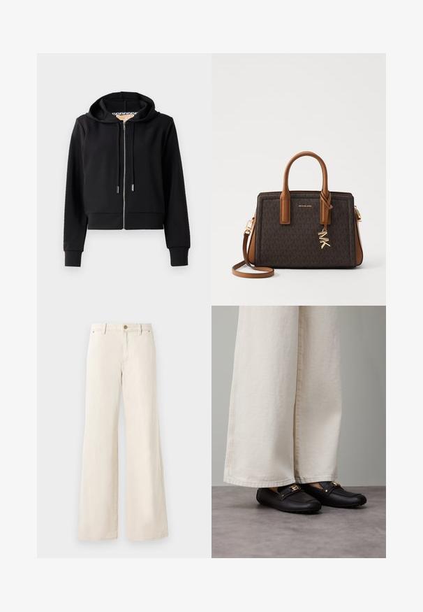 Schwarze cropped Kapuzenjacke aus weichem Stoff, mit einem Frontreißverschluss, Zugbandkapuze und gerippten Bündchen. Glatte Textur mit minimalen Details.; Weißes ärmelloses Oberteil aus glattem Stoff, mit rundem Ausschnitt und dezenten Falten an den Schultern, mit geschwungenem Saum.; Beige weite Baumwollhosen mit glatter Textur. Verfügt über einen Knopfverschluss, Fronttaschen und ein klassisches Bunddesign.; Schwarze Leder-Loafer mit goldenen Metallakzenten, getragen zu weiten, cremefarbenen Hosen, die eine glatte Textur und eine abgerundete Form zeigen.; MICHAEL Michael Kors LAILA SATCHEL - Handtasche - brown