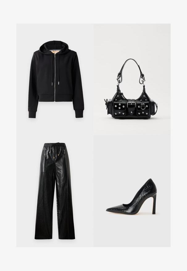 Felpa corta nera realizzata in tessuto morbido, con zip frontale, cappuccio con cordino e polsini a costine. Superficie liscia con dettagli minimi.; Top corto nero con motivo a ripetizione del logo MK bianco, scollatura rotonda e spalline larghe. Tessuto liscio.; Pantaloni ampi in pelle nera con cintura elastica, cordoncino e accenti in metallo dorato. Texture liscia e vestibilità ampia.; Scarpa nera con punta a punta alta in pelle di coccodrillo, caratterizzata da un design elegante, alto tacco a spillo e interno nero liscio.; Borsa a mano in pelle nera con design curvo, caratterizzata da borchie argentate, una fibbia e due tasche laterali. Tracolla regolabile per diverse opzioni di trasporto.