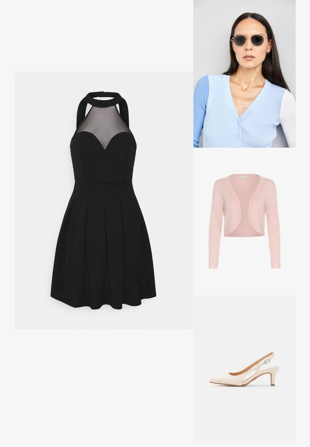Světle růžový zkrácený kardigan vyrobený z měkké pleteniny, s dlouhými rukávy, otevřeným předním dílem a jemnou žebrovanou texturou podél okrajů.; Černé šaty s halter výstřihem a síťovanou vložkou. Vybaveny láskyplným výstřihem, plisovanou sukní a přiléhavým korzetem. Hladká textura látky.; Bílé lodičky na podpatku s špicatou špičkou, hladkým svrškem, nízkým blokovým podpatkem a designem s bočním výřezem se stahovací sponou.; Kulaté sluneční brýle s tmavými čočkami a zlatými rámy. Modelka má na sobě světle modrý žebrovaný kardigan s knoflíky a kontrastními bílými rukávy.; Kabelka na zápěstí Michael Kors v béžové potažené plátno s opakujícím se vzorem loga MK, zlatými kovovými doplňky a odnímatelným řetízkovým popruhem.