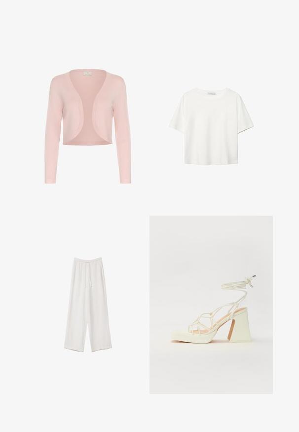 Hellrosa gefütterte Strickjacke mit kurzen Ärmeln, offener Vorderseite und feiner Rippstruktur an den Kanten.; Weißes T-Shirt mit kurzen Ärmeln aus Baumwolle. Hat einen Rundhalsausschnitt und eine lockere Passform. Glatte Textur ohne sichtbare Muster oder Akzente.; Weiße weit geschnittene Hose aus leichtem Stoff. Mit einem elastischen Bund und Kordelzug sowie Seitentaschen. Glatte Textur.; Weiße High-Heel-Sandale mit einem klobigen Absatz, die über ein Riemchendesign und ein Knöchelband verfügt. Glatte Textur mit einer Plattform vorne für zusätzliche Höhe.