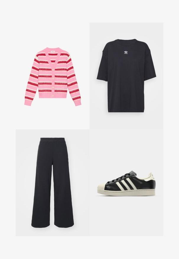 Rozā svītraina kardigāna ar platām horizontālām svītrām sarkanā, baltā un rozā krāsā. Iespējas ar V-veida kaklu, piecām gaišām pogām un ribotām piedurknēm.; Melna kokvilnas t-kreklā ar īsām piedurknēm un apaļu kakla izgriezumu, uz krūtīm ir balta Adidas logo. Vienkāršs dizains, brīvs piegriezums.; Melni platās svārku bikses, izgatavotas no mīksta auduma, ar elastīgu jostas daļu un mazu logotipu kreisajā pusē.; Melna ādas sporta apava ar baltām svītrām, gumijas purngala aizsardzību, melnām auklām un krēma krāsas zoli. Gluda tekstūra ar spīdīgu apdari.