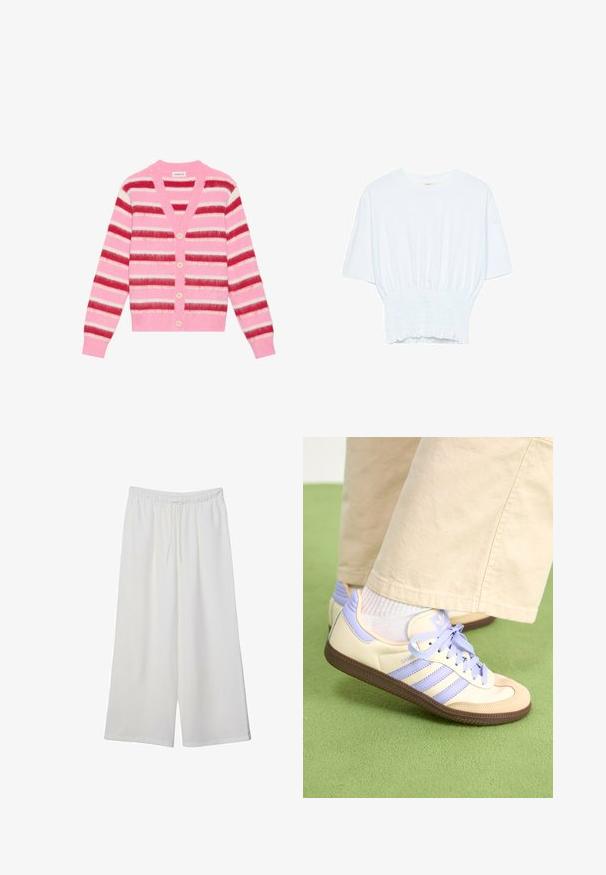 Růžový pruhovaný cardigan s širokými vodorovnými pruhy v červené, bílé a růžové. Má výstřih do V, pět světle zbarvených knoflíků a žebrované manžety.; Bílý tričko s krátkým rukávem, se volným střihem a nařasenou texturou v pase. Vyrobeno z měkkého, lehkého materiálu.; Bílé kalhoty s širokými nohavicemi vyrobené z lehké tkaniny, s elastickým pasem a stahovací šňůrkou pro nastavitelnou velikost. Hladká textura.; Krémové a levandulové tenisky se třemi pruhy a texturovanou hnědou podrážkou, vybavené tkaničkami a polstrovanou patou. Měkký textilní svršek.