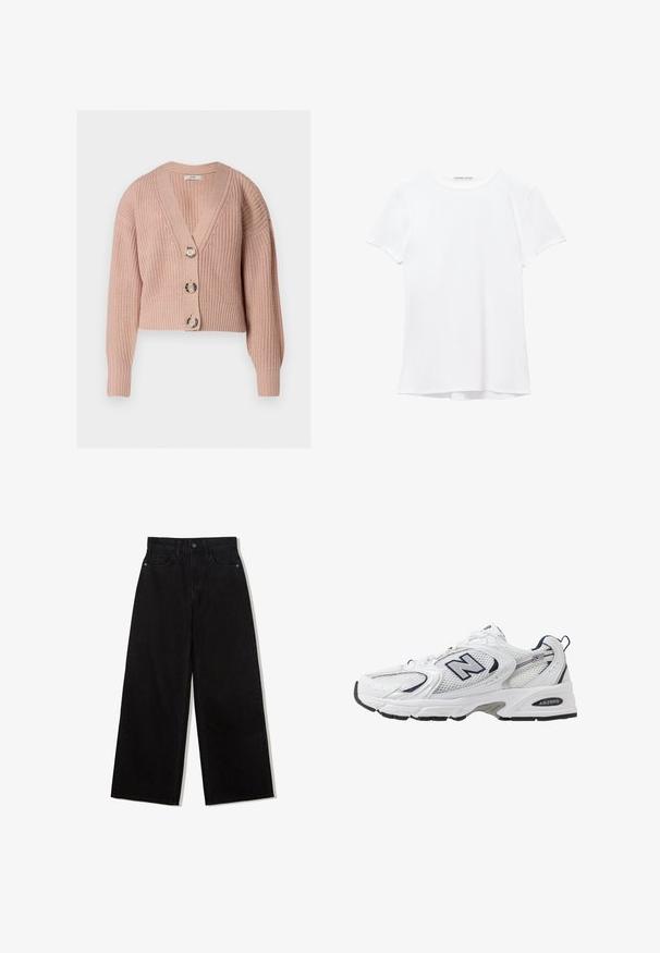 Chunky stickad dammiga rosa kort cardigan med tre stora marmorerade knappar och V-halskrage, visad på vit bakgrund.; Vit kortärmad t-shirt i mjukt tyg, med rund halsringning och diskreta sömnadsdetaljer vid fållen.; Svarta vida jeans av denim med hög midja, med en femficksdesign och en enkel knappstängning framtill.; Vit sportskor med överdel i mesh, marinblå accenter och dämpad sula. Har "N"-logotyp, snörning och texturerad detalj på sidan.