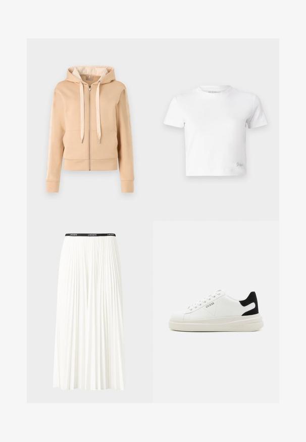 Beige zip-up sweatshirt med känguruficka, dragsko på huvan och mönstrade detaljer på ärmarna. Tillverkad av mjukt, texturerat tyg.; Vit kortärmad t-shirt i mjuk bomull, med hög hals och korta ärmar. Litet broderat logotyp i det nedre hörnet.; Fälld vit kjol med svart elastiskt midjeband som har "LACOSTE"-logotypen. Mittenlång design med mjuk textur.; Vita lädersneakers med en tjock vit sula, svartsuede hälaccent och präglad logotyp på sidan. Snörningsdesign med sex öglor.