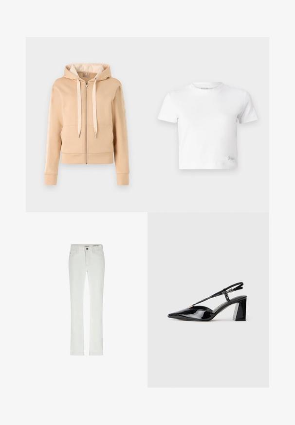 Bež jopič s zadrgo in kenguru žepom, s kapuco na vezanje ter vzorčenimi detajli na rokavih. Narejen iz mehke, teksturirane tkanine.; Bela skrajšana majica iz gladkega bombaža, z visokim ovratnikom in kratkimi rokavi. Majhen vezen logotip v spodnjem kotu.; Beli traperice s slim krojem, zasnovane s petimi žepi in kontrastnim šivanjem. Imajo gumbasto zapiranje in diskretno oznako blagovne znamke na pasu.; Črne lakirane slingback visoke pete z ostrim nosom, nastavljivim trakcem in debelim pravokotnim peto.