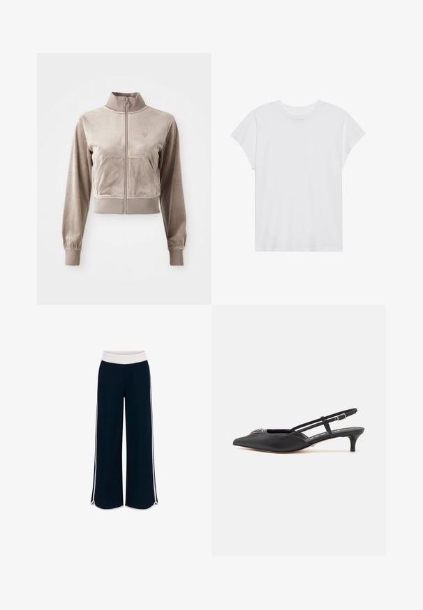 Rövidített bézs zipzáras dzseki, puha, velúros anyagból, magas gallérral, elülső zsebekkel és rugalmas mandzsettákkal. Kis logó részlet található rajta.; Fehér, rövid ujjú póló, kerek nyakkivágással, laza szabású, puha pamut anyagból készült. Sima felület, nincs rajta minta vagy logó.; Tengerészkék, bő szárú nadrág fehér gumis derékkal és kontrasztos oldalsó csíkokkal. Sima textúra, laza fazon, az alján oldalsó sliccekkel.; Fekete, sarokba húzós cipők, hegyes orral, sima anyagból készült, kis sarokkal és díszes ezüst részlettel a lábfej részen.