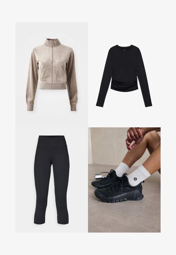 Beskyttet beige zip-up jakke lavet af blødt, fløjl-lignende materiale med høj krave, forlommer og elastiske manchetter. Har en lille logodetalje.; Sort langærmet top med rund halsudskæring og indsamlet detaljering i siderne, præsenteret mod en ensfarvet hvid baggrund.; Sorte cropped leggings lavet af stretchy materiale, med en høj talje og blød tekstur, uden synlige mønstre eller hardware.; Sorte træningssko med struktureret stof, snørebåndsdesign og en markant sål, parret med hvide ribbede sokker med et lille logo.