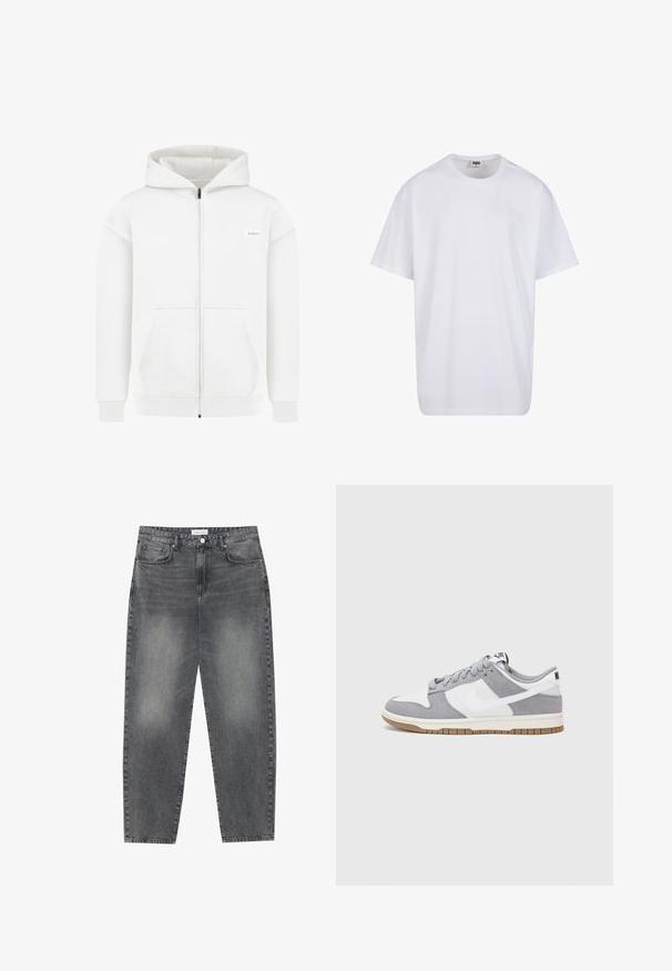 Bílá mikina na zip s předními kapsami, žebrovanými manžetami a lemem, a malou obdélníkovou značkovou nášivkou na levé části hrudi.; Bílé triko z bavlny s krátkým rukávem, kulatým výstřihem, volným střihem a bez viditelných log či vzorů. Hladká textura a minimalistický design.; Kalhoty s vysokým pasem, volného střihu, vyrobené z vybledlého černého denimu. Mají pět kapes, poutka na opasek a čistý, rovný střih nohavic.; Šedé a bílé tenisky s svrškem z jemné kůže a kůže, kulatou špičkou, plochými tkaničkami a gumovou podrážkou s akcentem v barvě gumy.