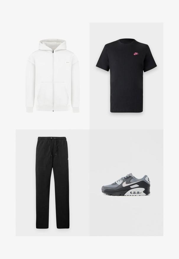 Biała bluza z kapturem na zamek błyskawiczny, z przednimi kieszeniami, prążkowanymi mankietami i dołem oraz małą prostokątną metką marki na lewej piersi.; Czarna bawełniana koszulka z okrągłym dekoltem i krótkimi rękawami. Posiada różowe logo Nike na górnej lewej stronie. Gładka faktura.; Czarne spodnie dresowe z polaru, z elastycznym paskiem w talii ze sznurkiem, dwiema przednimi kieszeniami oraz małym logo na udzie.; Szary sneaker wykonany z mieszanki siateczki i zamszu, z czarną podeszwą i widoczną poduszką powietrzną. Charakterystyczne jasnoszare akcenty i sznurowadła.