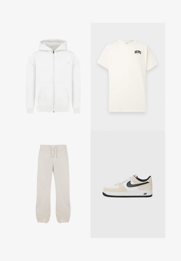 Witte rits hoodie met voorzakken, ribgebreide manchetten en zoom, en een klein rechthoekig merkteken op de linkerborst.; Crème-kleurige katoenen T-shirt met korte mouwen, voorzien van "NIKE SB" in zwarte en rode tekst op de borst. Standaard ronde halslijn.; Licht beige linnen broek met een elastische tailleband en trekkoord. Recht model met een gladde textuur en een lichte toelopende pasvorm bij de enkels.; Sneakers met een lichtbeige suède en witte leren bovenkant, zwarte Nike swoosh, zwarte accenten en een witte rubberen zool met "AIR" branding.