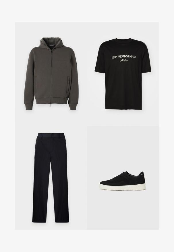 Džemper s kapuljačom u tamnosivoj boji, izrađen od mekanog materijala. Ima puni zip, dva prednja džepa te rebraste rukave i donji rub.; Crna pamučna majica s okruglim izrezom, kratkim rukavima i bijelim logotipom "EMPORIO ARMANI" iznad riječi "Milano" u zakrivljenom dizajnu.; Crne hlače od lagane, teksturirane tkanine, ravnog kroja, s elastičnom gumicom u struku i bočnim džepovima sa zatvaračem.; Crne nubuk tenisice s vezanjem i kontrastnom bijelom gumenom potplatom. Imaju teksturirane bočne panele i suptilno brendiranje na peti.