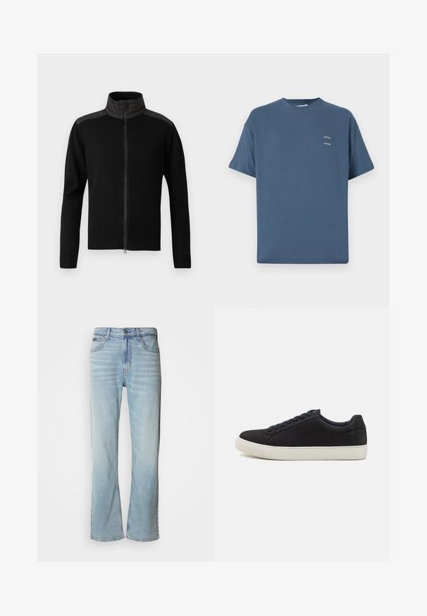 Melnā sporta jakā ar augstu apkakli, kurai ir strukturēti melni plecu paneļi un ribotas aproces un apakšmala. Visā jakā ir gluda auduma virsma.; Zilas kokvilnas T-krekls ar klasisku apaļu kaklu, īsām piedurknēm, brīvu piegriezumu un diviem maziem apdrukātiem logo uz krūtīm. Gluda tekstūra.; Gai zila denim bikses ar taisnu kāju griezumu, kurām ir piecas kabatas, pogu aizdare un viegla izbalēšana uz auduma.; Melnas zamšādas sporta apavi ar noapaļotu purngalu, baltu gumijas zoli, kontrastējošām zilo auklēm un gludu faktūru. Minimālistisks dizains bez redzamas logo.