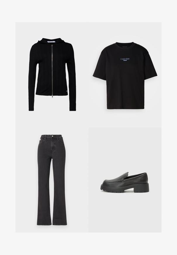 Hanorac negru cu fermoar, realizat din material ribbed, cu mâneci lungi. Are o glugă și un branding minim pe tivul de jos. Textură netedă.; Tricou din bumbac negru cu guler rotund, mâneci scurte și logo-ul brodat în albastru "Calvin Klein JEANS" pe față.; Jeans negre cu talie înaltă, evazate, din denim, cu închidere prin buton, bucle pentru curea și buzunare laterale. Textură netedă, cu decolorare minimă.; Mocasini din piele neagră, cu vârf rotunjit, talpă groasă texturată și detalii minimale de cusătură. Design elegant, fără șireturi sau accesorii vizibile.