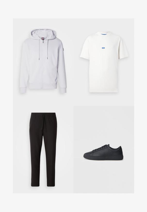 Fehér, cipzáros kapucnis pulóver puha anyagból, kapucnival, zsinórral és bordás mandzsettával. Egyszerű design, minta vagy logó nélkül.; Fehér rövid ujjú póló, melynek mellkasán középen egy kis kék téglalap alakú logó olvasható: "HUGO", egyszínű háttér előtt.; Fekete jogger nadrág sima anyagból. Rugalmas derekú, húzózsinórral, tapered lábakkal és látható zsebek nélkül készül. Egyszerű dizájn.; Fekete sportcipők sima bőrből, alacsony szárú kivitelben, kerek orral és lapos gumitalppal. Zsinóros rögzítéssel és diszkrét márkajelzéssel rendelkezik.