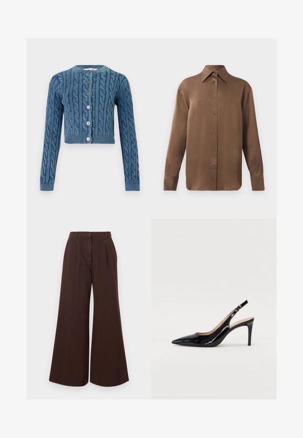 Pletená modrá zkrácená cardigan s kabelovým vzorem, kulatým výstřihem a pěti knoflíky na zapínání. Dlouhé rukávy s žebrovanými manžetami a lemem.; Hnědá košile s dlouhým rukávem, zapínaná na knoflíky, s špičatým límcem a manžetami, vystavená na jednobarevném bílém pozadí.; Hnědé kalhoty s vysokým pasem, širokými nohavicemi, zapínáním na knoflík a zip, poutky na pásek a předními sklady.; Černé lakované slingback lodičky s špičatou špičkou, úzkým podpatkem a jemným výřezem. Obsahují zlatou sponu na řemínku.