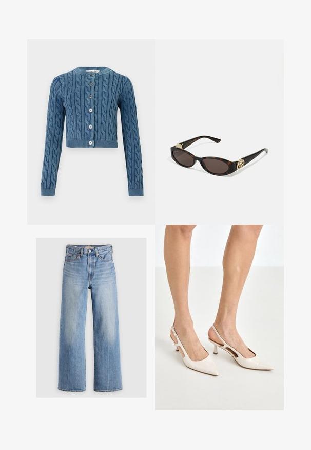 Kötött kék rövidített kardigán, kábelmintával, kerek dekoltázzsal és öt gombos záródással. Hosszú ujjú, bordázott mandzsettával és aljjal.; Fehér gombos ing, pamutból készült, mellzsebbel és kis hímzett logóval. Laza fazonú, klasszikus nyakkal és hosszú ujjakkal.; Világoskék farmer, széles szárú nadrág magas derékkal, kopott területekkel, öt zsebbel és kontrasztos varrással. Klasszikus gombos és cipzáras záródás.; Beige patent bőr slingback magassarkúk hegyes orral és 5 cm-es sarokkal, kivágott oldalakkal és vékony bokapánttal.; Tortából készült napszemüveg, hosszúkás ovális lencsékkel, barna színű árnyalattal, arany logóval a fülkagylón, és karcsú fekete szárakkal.