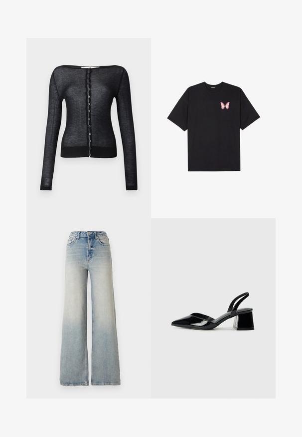 Cardigan nero a maniche lunghe realizzato in tessuto leggero e trasparente. Presenta un collo a giro e una fila di bottoni circolari sul davanti.; T-shirt nera in cotone con maniche corte, caratterizzata da una piccola grafica di una farfalla rosa sul lato sinistro del petto. Design a girocollo con una vestibilità rilassata.; Jeans ampi di colore blu chiaro in denim, con vita alta, cinque tasche e cuciture visibili lungo le cuciture.; Décolleté in vernice nera con punta affusolata e tacco in geometria cubica. Presentano un design elegante e minimalista, con una texture liscia.
