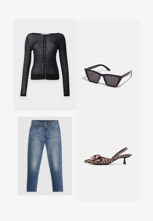 Cardigan noir à manches longues, confectionné en tissu léger et transparent. Il est doté d'un col rond et d'une rangée de boutons circulaires sur le devant.; Un body blanc avec un encolure carrée, sans manches, texture lisse et fermeture à pression au bas. Style simple et minimaliste.; Jeans en denim bleu clair avec une coupe droite, cinq poches, braguette à boutons et décoloration subtile sur les cuisses. Couture contrastée visible.; Talons slingback à bout pointu en tissu imprimé léopard avec un accent nœud, dotés d'un petit talon noir et d'une texture lisse.; Lunettes noires angulaires avec des verres gris ; fabriquées en plastique, avec des branches épaisses à la surface lisse et sans matériel visible.