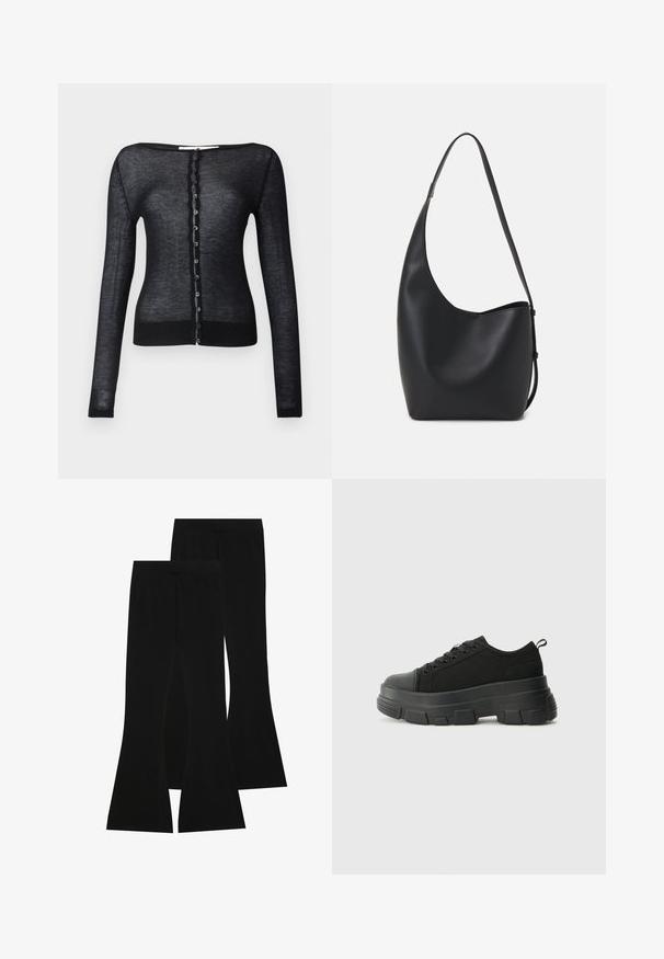 Cardigã longo preto de mangas compridas feito de tecido leve e transparente. Apresenta um decote redondo e uma fileira de botões circulares na parte da frente.; T-shirt preta de algodão, com mangas curtas sobre uma camada de mangas longas branca com um padrão texturizado subtil. Design de decote redondo.; Calças pretas largas feitas de tecido elástico, com uma cintura alta e uma textura suave, apresentando um design ajustado que se alarga a partir do joelho.; Sneakers pretos com sola de borracha robusta, parte superior de tecido texturizado, bico redondo e design de atacadores. Apresenta ilhós reforçados e uma alça na parte posterior.; Saco hobo preto em pele com uma textura lisa, forma curva e uma única alça ajustável; apresenta uma abertura larga na parte de cima.