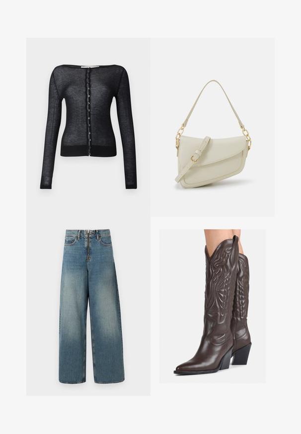 Schwarzer, langärmeliger Cardigan aus leichtem, transparentem Stoff. Verfügt über einen Rundhalsausschnitt und eine Reihe runder Knöpfe auf der Vorderseite.; Weißes ärmelloses Tanktop aus geripptem Stoff, mit rundem Ausschnitt und figurbetonter Silhouette, minimalen Nähten und ohne Verzierungen.; Übergroße Denim-Jeans in einer hellblauen Waschung. Mit einem Reißverschluss und einem Knopfverschluss sowie subtilen Ausbleichungen für einen worn Look.; Braune Leder-Cowboy-Stiefel mit spitzem Punkt und Blockabsatz, die über detaillierte Stickereien und hervorgehobene Akzente am Schaft verfügen.; Kleine cremefarbene Handtasche mit strukturiertem Finish, einem langen verstellbaren Tragegurt, einem Kettenakzent und einem Klappenverschluss. Goldene Hardware-Details.