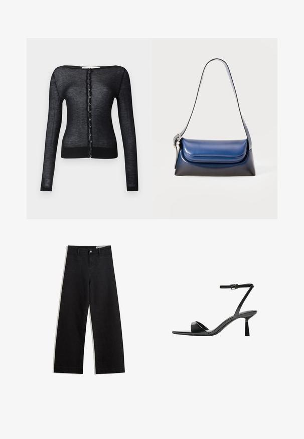 Fekete, hosszú ujjú kardigán, könnyű, átlátszó anyagból készült. Kerek nyakkivágással és egy sor kör alakú gombbal rendelkezik az elején.; Fekete, rövid ujjú pamut póló. Kerek nyakkivágással és laza fazonnal rendelkezik. A galléron a "WEEKDAY" felirat olvasható.; Fekete, bő szabású farmernadrág magas derékkal, elülső és hátsó zsebekkel, varrott felületekkel és gombos záródással. Sima textúra.; Bershka Magas sarkú szandálok - black; Sötétkék bőr kézitáska sima felülettel, lekerekített formával, hajtott tetejével és egyetlen vállpánttal. Ezüst színű kiegészítőkkel.