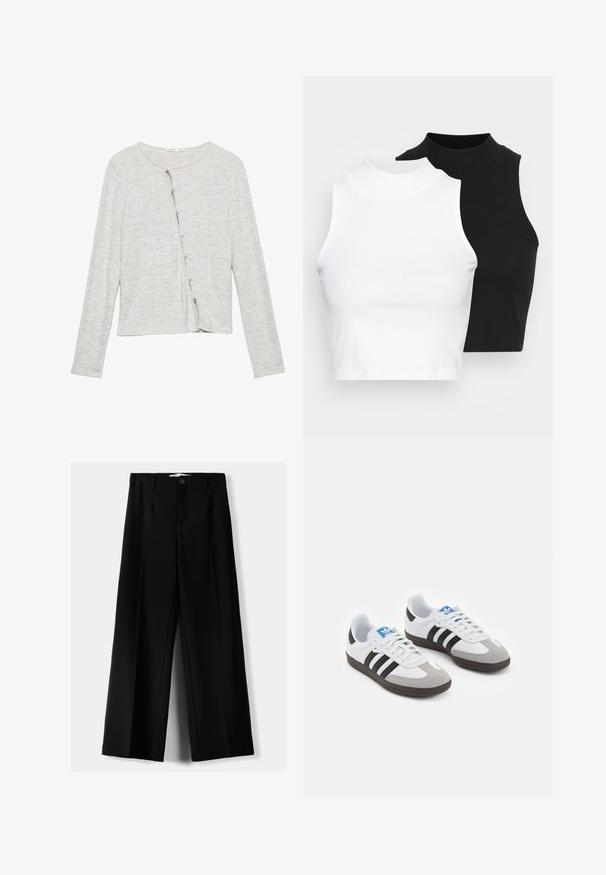 Cardigan lung cu mâneci lungi, de culoare gri deschis, realizat dintr-un material moale, având un decolteu rotund și o închidere frontală cu butoane subțiri.; Două bluze fără mâneci, cu guler înalt, în culorile negru și alb, având un design ajustat și o textură netedă, cu o lungime scurtă.; Pantaloni negri cu picior larg, fabricați dintr-un material ușor, cu închidere frontală cu nasture și față plată, având tivuri cusute cu atenție.; Încălțăminte sport cu un superior din piele albă, vârf din suede gri și trei dungi negre. Prezintă un logo albastru pe limbă și o talpă din cauciuc texturat.