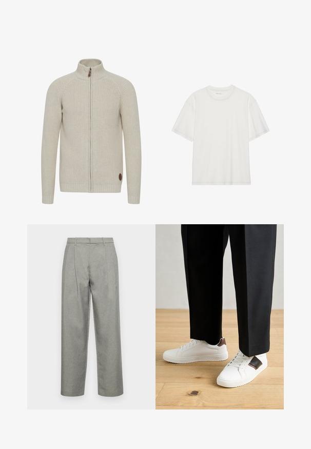 Light beige knitted zip-up sweater with a high collar, ribbed cuffs, and a round brown logo patch on the bottom left.; White cotton t-shirt with short sleeves, round neck, and contrasting stitching detail around the neckline and sleeves.; Gray tailored trousers made of textured fabric, featuring a straight-leg design, front pleats, and a standard waistband with belt loops.; White sneakers with smooth texture, featuring brown leather accents and black detailing, paired with black tailored pants. Wooden floor background.
