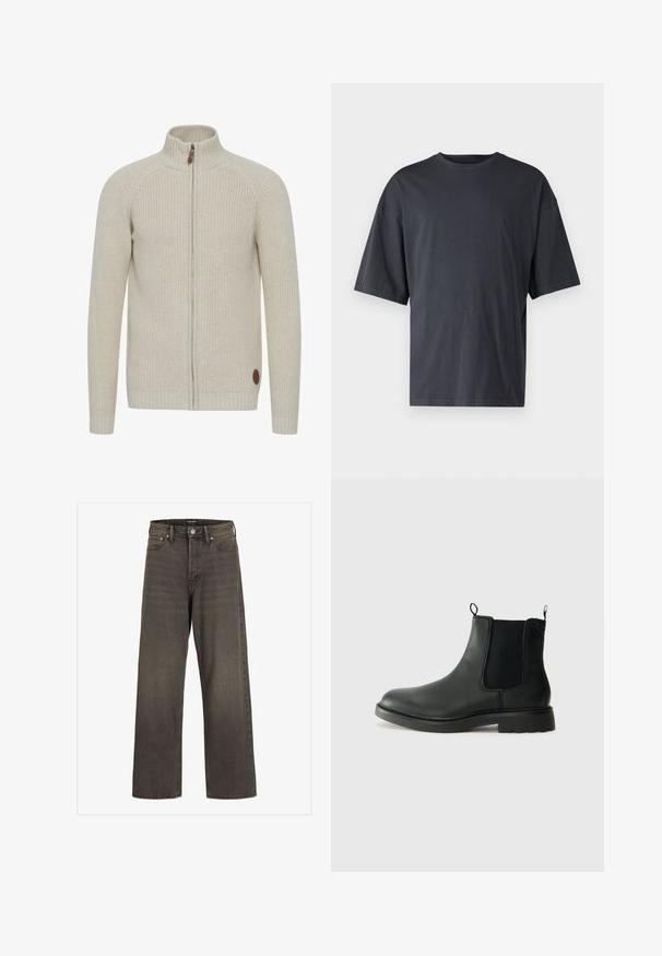 Light beige knitted zip-up sweater with a high collar, ribbed cuffs, and a round brown logo patch on the bottom left.; Dark gray short-sleeve t-shirt made of lightweight cotton, featuring a loose fit and classic crew neckline, with plain texture and no patterns.; Wide-leg jeans in dark grey denim, featuring a high waist, classic five-pocket design, and contrasting stitching along the seams.; Black leather chelsea boots with elastic side panels, pull tabs, rounded toe, and textured rubber sole. Smooth surface and sturdy design.